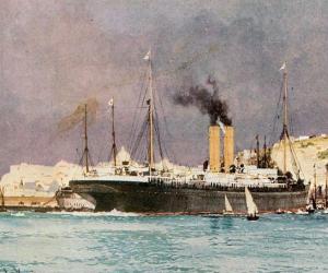 Colour image of the SS Orotava steming from port with a number of small sail boats to its stern. 
