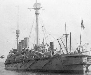 Black and white photograph with view of the stern of the HMS Defence 